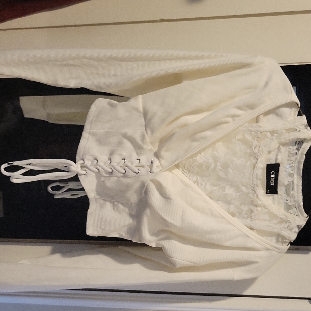 White Cropped Sweater W/ Lace Insert & Corset Lacing